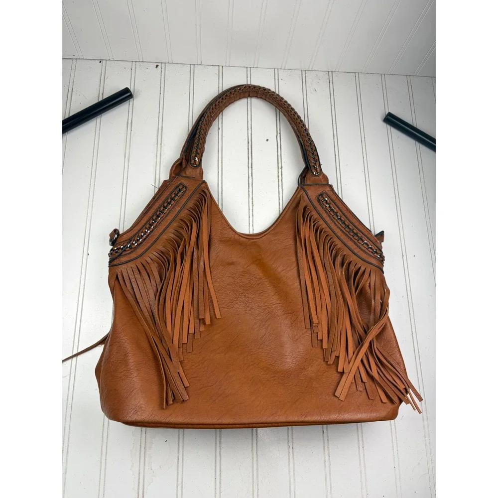 Vintage Y2K Brown Fringe Western Boho Large Hobo Shoulder Bag Purse